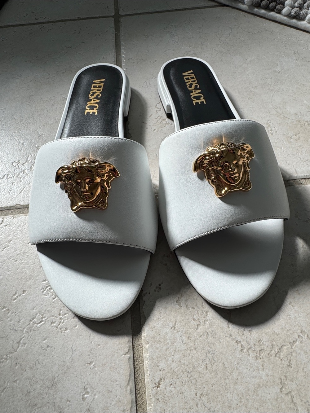Versace White Leather Medusa Slide Mules with Gold Emblem